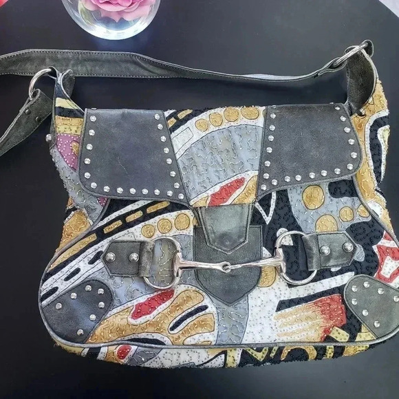 Boho Raj Vintage Leather Beaded Shoulder Bag - Picture 1 of 9